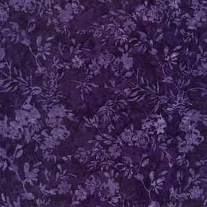 May include: A fabric with a dark purple background and a floral pattern in lighter shades of purple. The design features stylized flowers and leaves, creating a textured, batik-like appearance. The overall effect is a rich, decorative textile.
