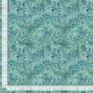 May include: Teal fabric with a repeating floral pattern. The design features stylized flowers in varying shades of teal and blue, creating a textured, layered effect. The fabric has a mottled appearance, adding depth to the design.