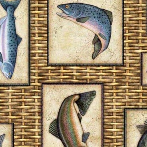 May include: A woven wicker background with five different fish illustrations. The fish are in various shades of blue, green, and brown. The fish are in square frames with a cream background.
