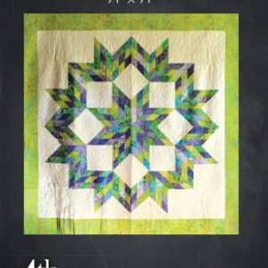 May include: A quilt pattern called "Fresh Grapes" by 4th & Main Designs. The quilt is 71 inches by 71 inches and features a star-shaped design with green, purple, and white fabric. The pattern is jelly roll friendly.