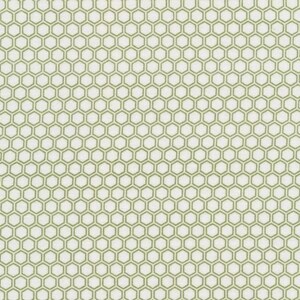 May include: A fabric with a repeating pattern of olive green hexagons on a white background. The honeycomb-like design covers the entire surface, creating a textured appearance. The fabric is likely cotton or a similar material.