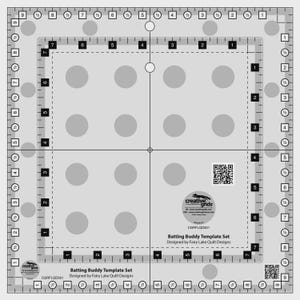 May include: A gray Batting Buddy Template Set with a grid pattern, circles, and measurements in inches. The template includes the text "creative grids" and "Batting Buddy Template Set".