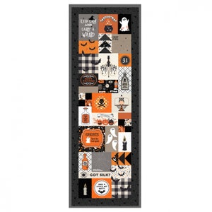 May include: A black and orange Halloween themed fabric panel with a variety of images including ghosts, pumpkins, bats, a cauldron, a skull and crossbones, a bottle of potion, a chandelier, and text that says "Keep Calm and Carry a Wand", "Happy Haunting", "Ghosts have the real spirit", "Got Silk?", "Only a Little Bit Batty", and "Creep It Real".
