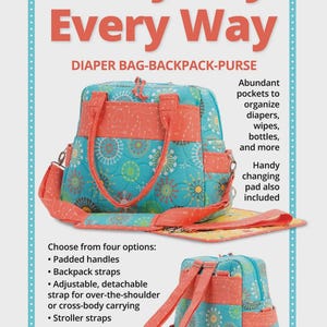 Può includere: Borsa fasciatoio-zaino-borsa turchese e corallo con la scritta "Every Day Every Way". La borsa ha manici imbottiti, spallacci e una tracolla staccabile. È incluso anche un fasciatoio. Progettata per organizzare pannolini, salviette, biberon e altro.