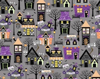 MAS9920-K, Hometown Halloween -Gray (Houses, Candy Corn, Quilt Shoppe), 44&quot;/45&quot; wide, sold by the 1/2 yard