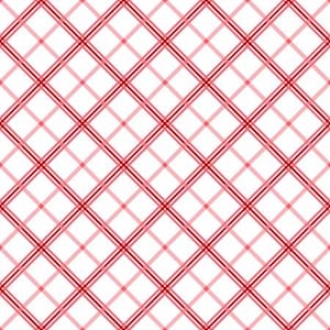 Op de afbeelding: Een naadloos patroon met een diagonaal ruitontwerp. Het patroon bestaat uit elkaar kruisende lijnen in verschillende tinten rood en roze, tegen een witte achtergrond. De lijnen creëren een rasterachtig effect, geschikt voor stof of papier.