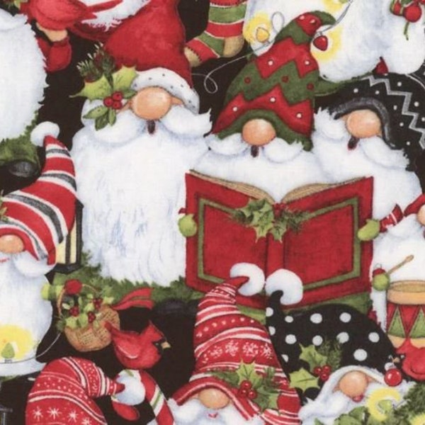 39801-913, Baby, It's Gnomes Outside - Multi, Christmas Gnomes/Hats/Lights/ Stockings/Snowflakes/Stripes, 44/45" wide, sold by the 1/2 yard