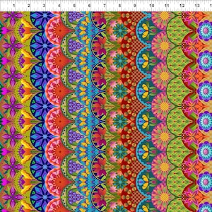 May include: A vibrant, colorful fabric pattern featuring a repeating design of stylized floral and geometric shapes. The design incorporates a wide array of colors, including red, blue, green, yellow, and purple, creating a visually rich and intricate pattern. The pattern is suitable for various craft projects.