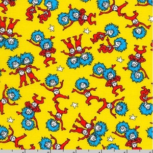 ADE20828-5, A Little Dr. Seuss - Thing One and Thing Two (on Yellow), 44&quot;/45&quot; wide, sold by the 1/2 yard, from Robert Kaufman Fabrics