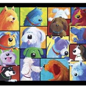 Op de afbeelding: Een kleurrijke collage van 16 cartoonhonden met verschillende vachtkleuren en patronen, elk met een unieke uitdrukking. De honden zijn gerangschikt in een rasterpatroon tegen een heldere, veelkleurige achtergrond.