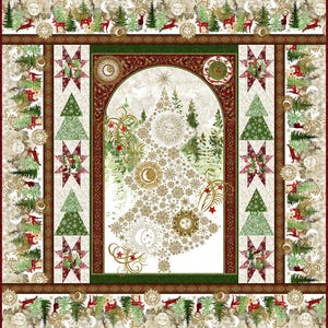 May include: A decorative Christmas-themed fabric panel. The design features a central Christmas tree composed of celestial elements, surrounded by a border with trees, deer, suns, and moons. The color palette includes green, red, and gold.
