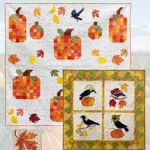 May include: A quilt pattern featuring a variety of pumpkin designs, including a large pumpkin with a patchwork design, smaller pumpkins, and leaves. The pattern also includes birds and a single maple leaf. The title of the pattern is "Mrs. Blossom's Pumpkin Patch" and the designer is "Amelie Scott Designs".