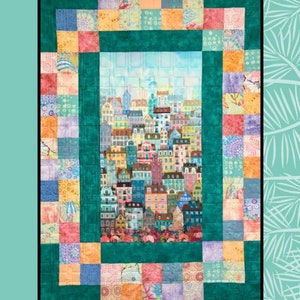May include: A quilt pattern featuring a colorful cityscape with a teal border. The pattern is titled "Hillside Charm" and is designed by Villa Rosa Designs for Sugar Pine Quilt Designs.
