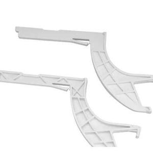 May include: Two white plastic brackets with a curved design. The brackets have a series of small holes along the curved portion.