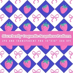 Modello senza cuciture "Fragola Coquette", carta digitale con fiocco a quadretti rosa e viola, JPG PNG, motivo kawaii carino per sublimazione, artigianato, tessuto