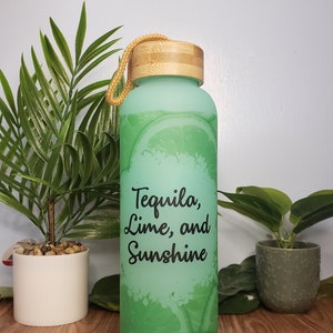 Tequila Lime and Sunshine Water Bottle - Summer Water Bottle - Glass Water Bottle - 25oz Frosted Glass Water Bottle with Bamboo Lid