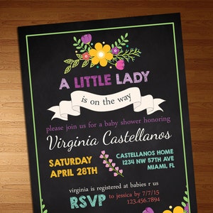 Chalkboard Floral Garden Baby Shower Bridal Party Invitation Little Lady Invite Baby Shower Invite Garden Party Baby Sprinkle image 1