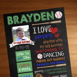 First Birthday Chalkboard - 1st Birthday Milestone - Baseball - 1st Birthday Sign - Birthday Poster - Milestones -  Baseball Sign