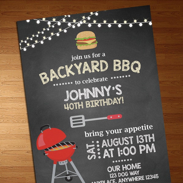 BBQ Birthday - Cookout Invitation - BBQ Invitation - 40th Birthday - Digital Invite - Backyard Birthday Invitation - Chalkboard Invite