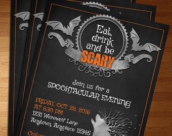 May include: Black and orange Halloween party invitation with bats, a spooky castle, and a werewolf. The invitation reads "Eat, drink and be SCARY. Join us for a SPOOKTACULAR EVENING. FRIDAY, OCT. 28, 2016 AT 8:30 PM 1231 Werewolf Lane Anytown, Anyplace 12345 Costumes Encouraged! RSVP to Jenna at 123.456.8741"