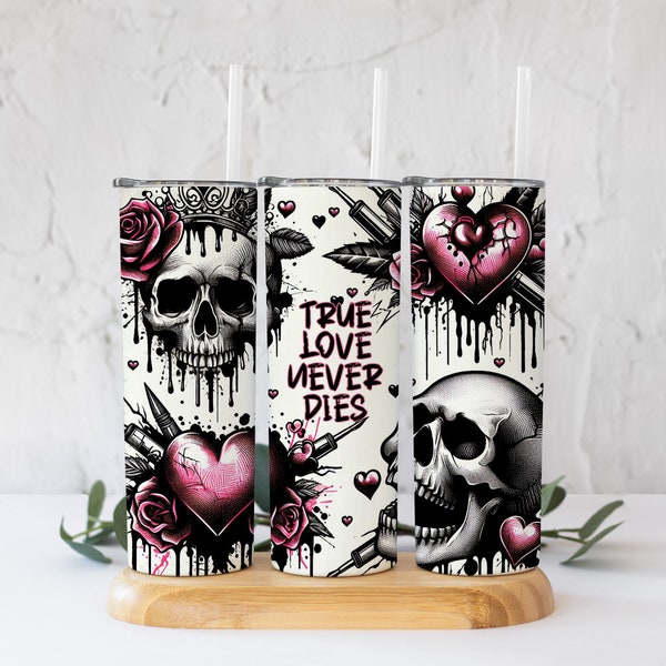 Skulls and Hearts Tumbler - Skull Heart Print - Sublimation Tumbler Design - 20oz Skinny Tumbler Wraps Valentine's Day - True Love - Graphic