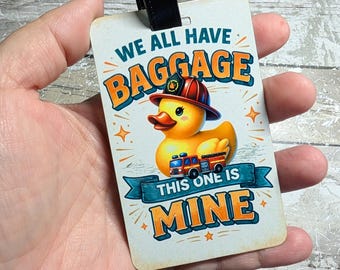 Etiqueta para equipaje con forma de patito de goma - Etiqueta de equipaje de doble cara con forma de patito de goma - Patito de goma bombero - Accesorio para cruceros - Regalo de viaje