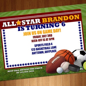 Sports Invitation - All Star Birthday Invite - Sports Birthday - Sports Theme Party - Football Party - Soccer Party - Digital Invite