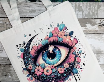 Evil Eye and Moon Canvas Tote Bag: Mystical Boho Protection