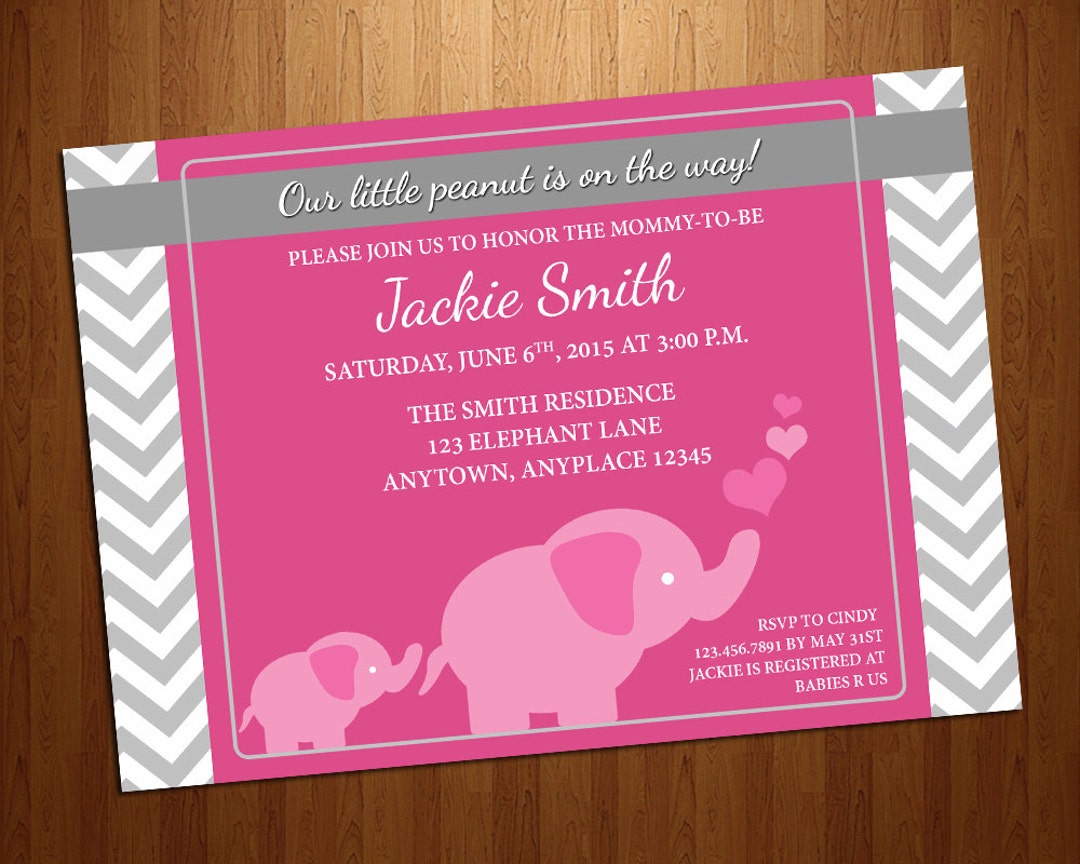 Chevron - Pink Elephant Baby Shower - Baby Shower Invitation - Baby ...