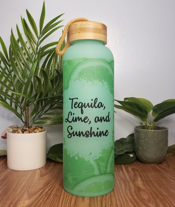 Tequila Lime and Sunshine Water Bottle Summer Water Bottle Glass Water  Bottle 25oz Frosted Glass Water Bottle With Bamboo Lid 