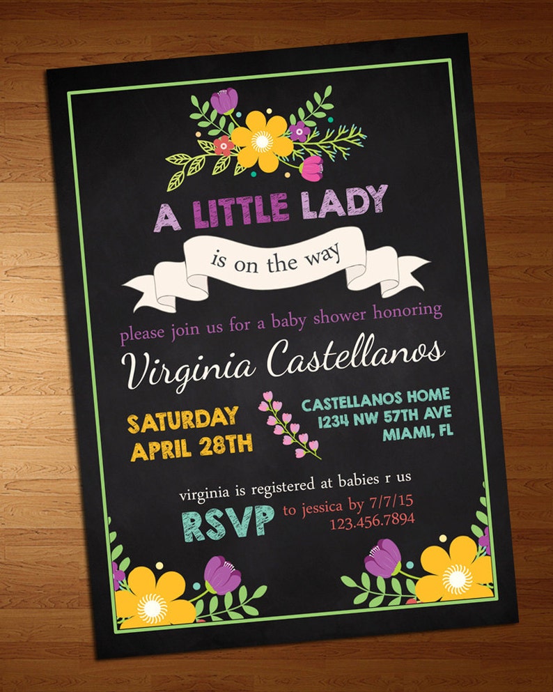 Chalkboard Floral Garden Baby Shower Bridal Party Invitation Little Lady Invite Baby Shower Invite Garden Party Baby Sprinkle image 1