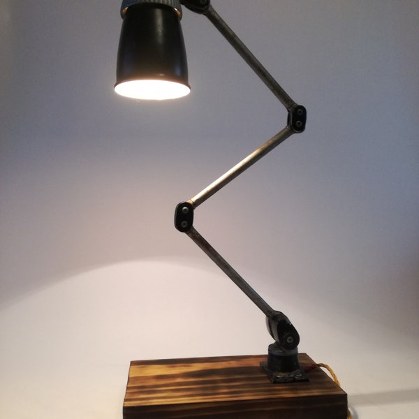 Mid Century British  Machinist table desk Lamp- 1950 1960  England -mounted on wooden hardwood base, VINTAGE DESIGN RETRO, Unique, Handmade