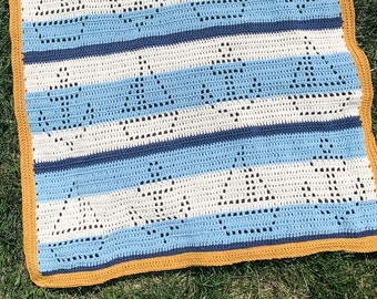 Marina Blanket | Filet Crochet Blanket Pattern | Baby Blanket Crochet Pattern | Filet Blanket | Filet Crochet Pattern | Sailboats | Anchors