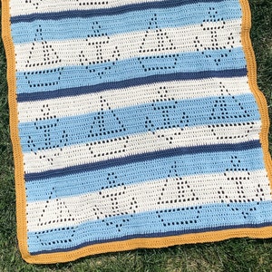 Marina Blanket | Filet Crochet Blanket Pattern | Baby Blanket Crochet Pattern | Filet Blanket | Filet Crochet Pattern | Sailboats | Anchors