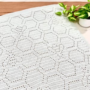 May include: A white crocheted blanket with a geometric pattern. The blanket is made with a delicate openwork stitch, creating a lacy effect.