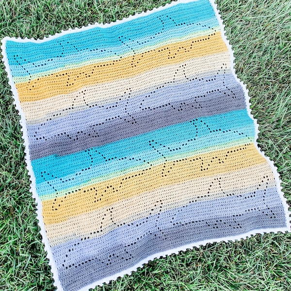 Meg Blanket | Filet Crochet Blanket Pattern | Baby Blanket Crochet Pattern | Filet Blanket | Filet Crochet Pattern | Sharks | Ocean | Animal