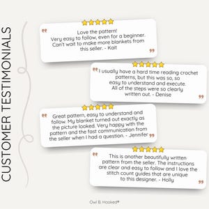 a graphic with text bubbles highlighting four pattern and shop reviews