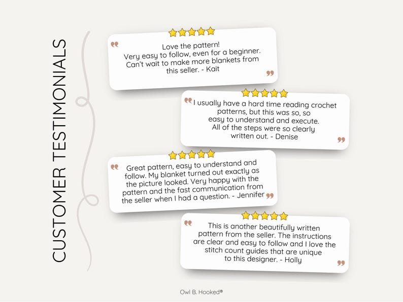 a graphic with text bubbles highlighting four pattern and shop reviews