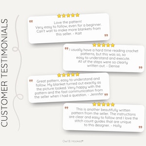 a graphic with text bubbles highlighting four pattern and shop reviews
