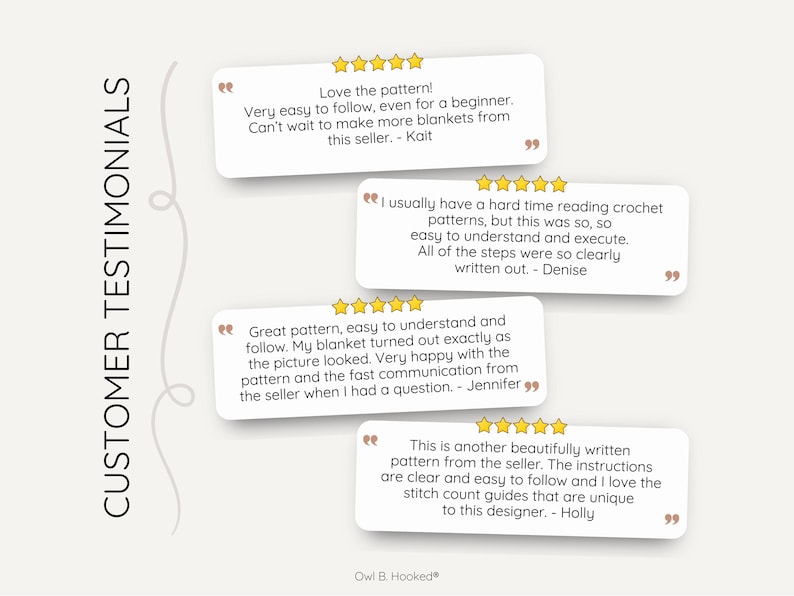 a graphic with text bubbles highlighting four pattern and shop reviews