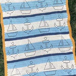 Marina Blanket | Filet Crochet Blanket Pattern | Baby Blanket Crochet Pattern | Filet Blanket | Filet Crochet Pattern | Sailboats | Anchors