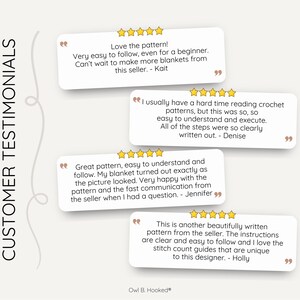 a graphic with text bubbles highlighting four pattern and shop reviews