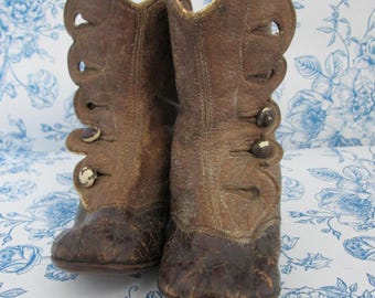 Antique Victorian Leather Children Toddler Shoes - Doll Accessories