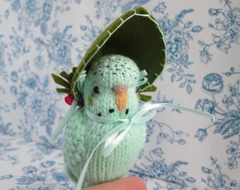 Handmade Knitted Parakeet in a Bonnet