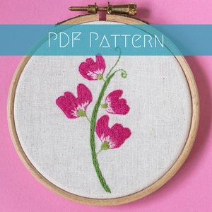 Sweet pea embroidery pattern, needlework for beginners, modern craft design, summer floral project, digital pdf download