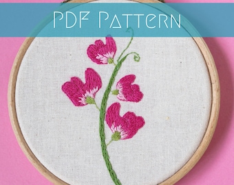 Sweet pea embroidery pattern, needlework for beginners, modern craft design, summer floral project, digital pdf download