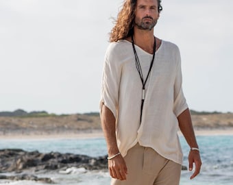 BOHO SHIRT, oversized boho men T-shirt, men natural viscose T-shirt, handloom-woven T-shirt, V-neck T-shirt, lightweight draped T-shirt