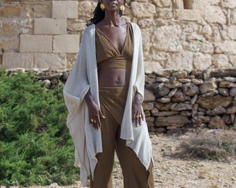 KRÓTKIE KIMONO bawełniane LUA, kimono z odkrytym dekoltem, kimono z koronką, włoskie bawełniane kimono, ciężkie kimono z drapowanym dekoltem, oversize'owe kimono z odkrytym dekoltem