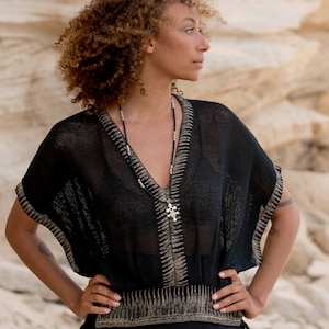KAILAS MALAUI tribal top, etnische top, boho top, slow fashion, natuurlijke stoffen, weefgetouw, transparante top, Afrikaanse print,