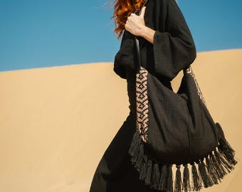 Boho Woven Tote Bag,Handwoven Cotton Bag,Ethnic Fringe Bag,Large Shoulder Bag,Leather Strap Tote,Festival Bag,ETHNIC BAG